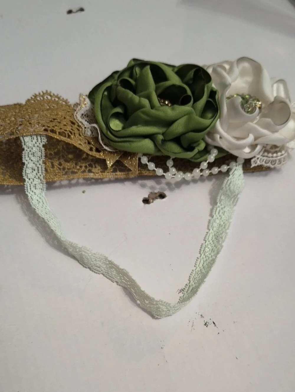 Green and Ivory Floral Satin Hair Clip with Gold Lace Accent